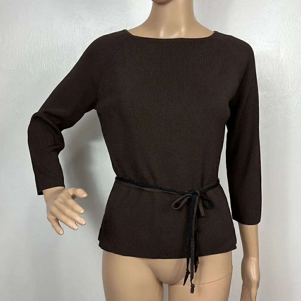 Lillie Rubin Y2K Vintage 90s Brown Tie Waist 3/4 Sleeve Top Size M